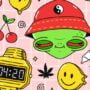 Cartoon of a high alien with a hat