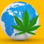 A picture of a globe on a yellow background with a cannabis leaf in the foreground.