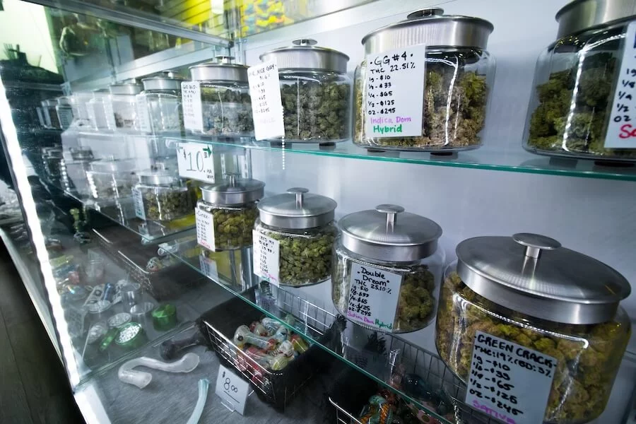 Selection of cannabis on display in a legal retail store.