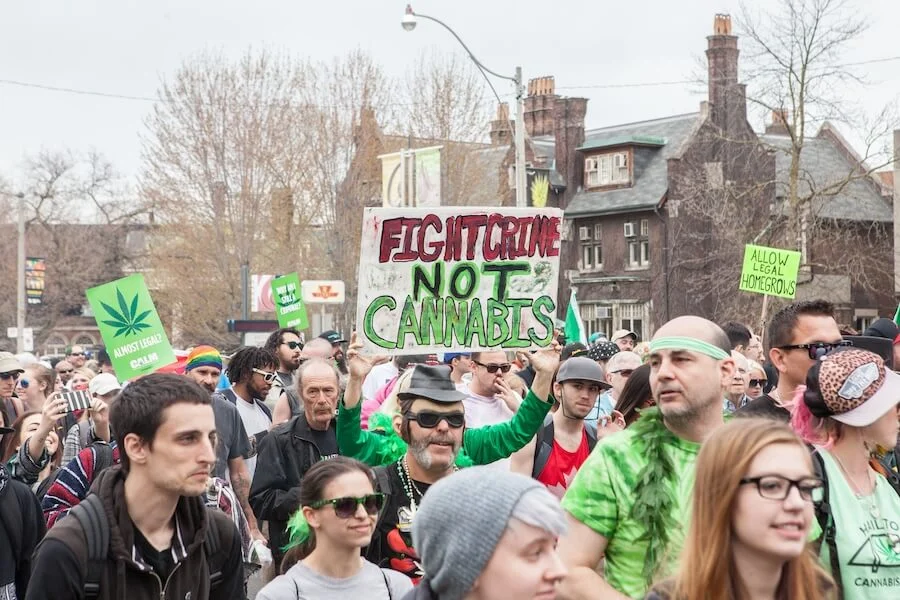 Cannabis protesters on the street.