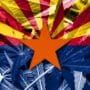 Arizona state flag against cannabis background