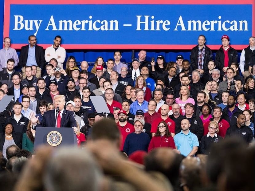 Donald Trump speaks to auto workers at the American Center for Mobility in Michigan on March 2017. Trump discussed his priorities to bolster the manufacturing industry and reduce the outsourcing of American jobs.
