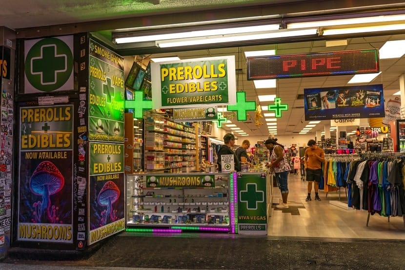 Brightly lit cannabis dispensary featuring signage for prerolls, edibles, vape cartridges, and mushrooms.