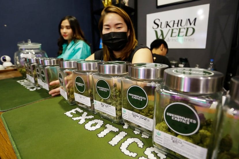 Cannabis dispensary workers in Thailand stand behind a row of labeled glass jars filled with flower, highlighting the country’s emerging legal market.