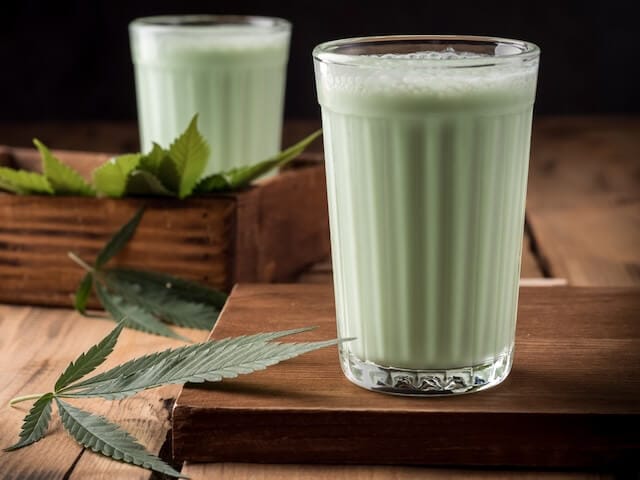 Traditional Indian drink Bhang Lassi with hemp leaves