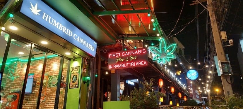 A well-lit cannabis shop in Thailand glows at night with neon signage, advertising it as the first cannabis shop and bar in the Rambuttri area.