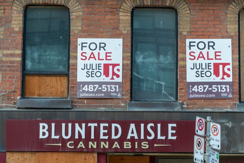 A cannabis shop called “Blunted Aisle” sits beneath a brick building with boarded-up windows and “For Sale” signs posted above, representing a business closure.