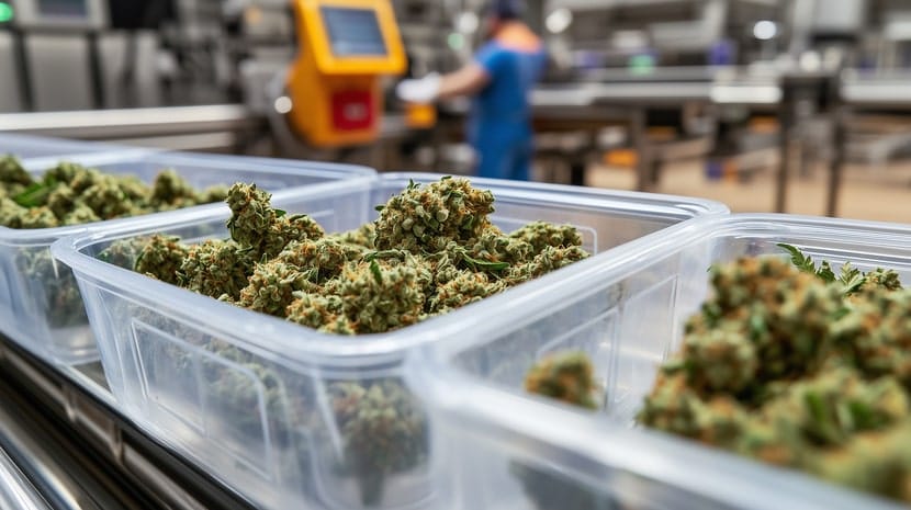 Fresh cannabis buds are neatly placed in clear plastic bins on a conveyor belt inside a processing facility, with an employee blurred in the background.