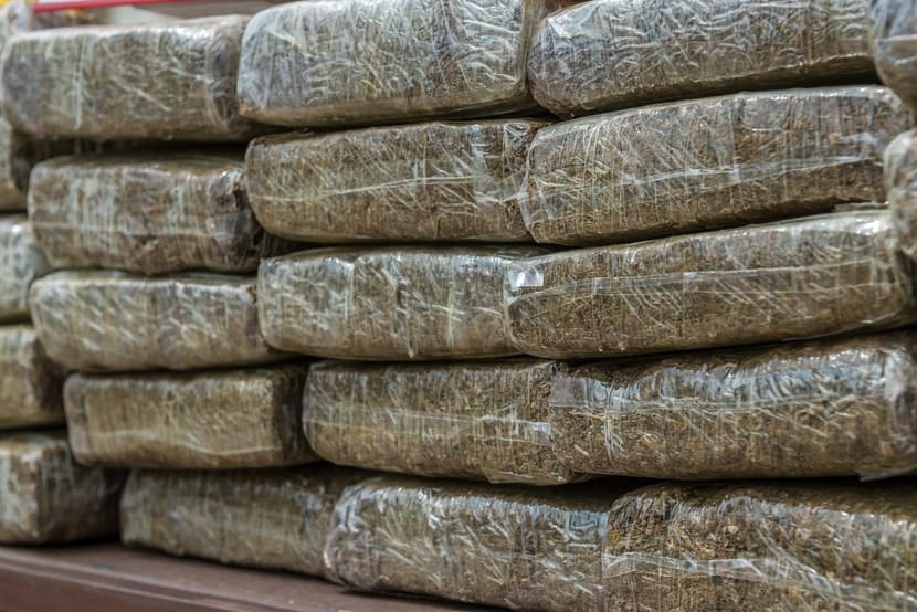 Stacks of tightly wrapped cannabis bricks, referencing cannabis smuggling concerns that arose during Thailand’s unregulated cannabis period.