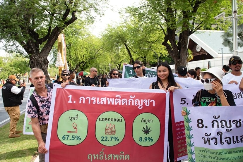 A group of Thai and foreign protesters holding signs and charts advocating for cannabis reform in Bangkok.