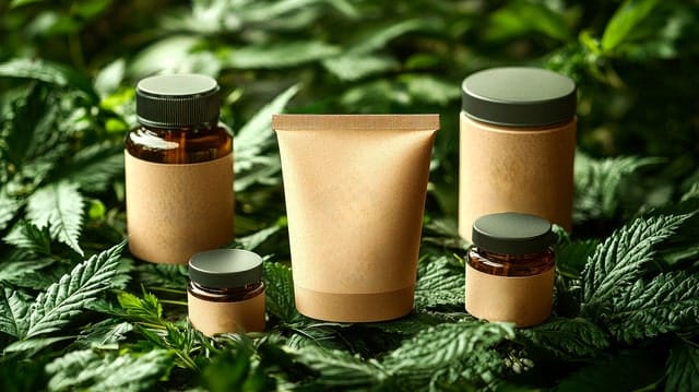 Eco-friendly skincare packaging mockup surrounded by hemp plants, representing sustainable CBD beauty products.