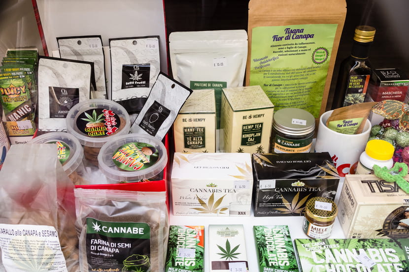 Cannabis products on display at a store in Italy.
