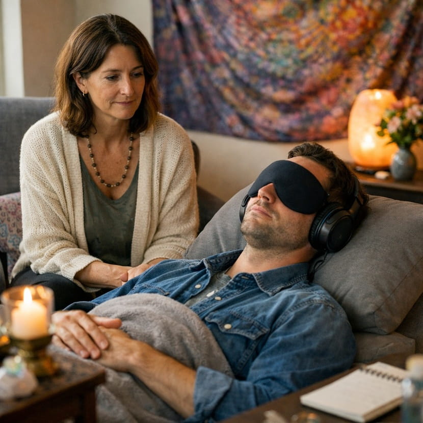 A therapist assisting a man in psychedelic therapy with warm lighting and a psychedelic tapestry