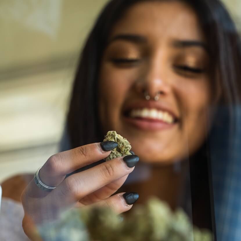 Happy young Indian woman with medical marijuana bud