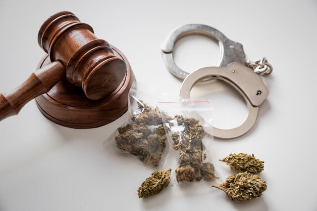 Gavel, handcuffs and marijuana buds