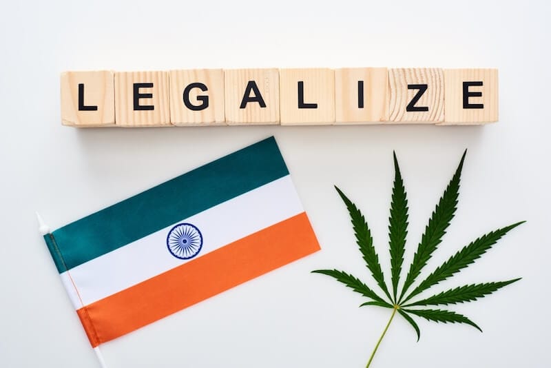 India flag with cannabis leaf and legalize lettering