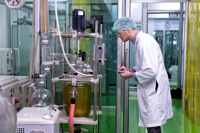 A cannabis scientist in an extraction lab observing the distillation process